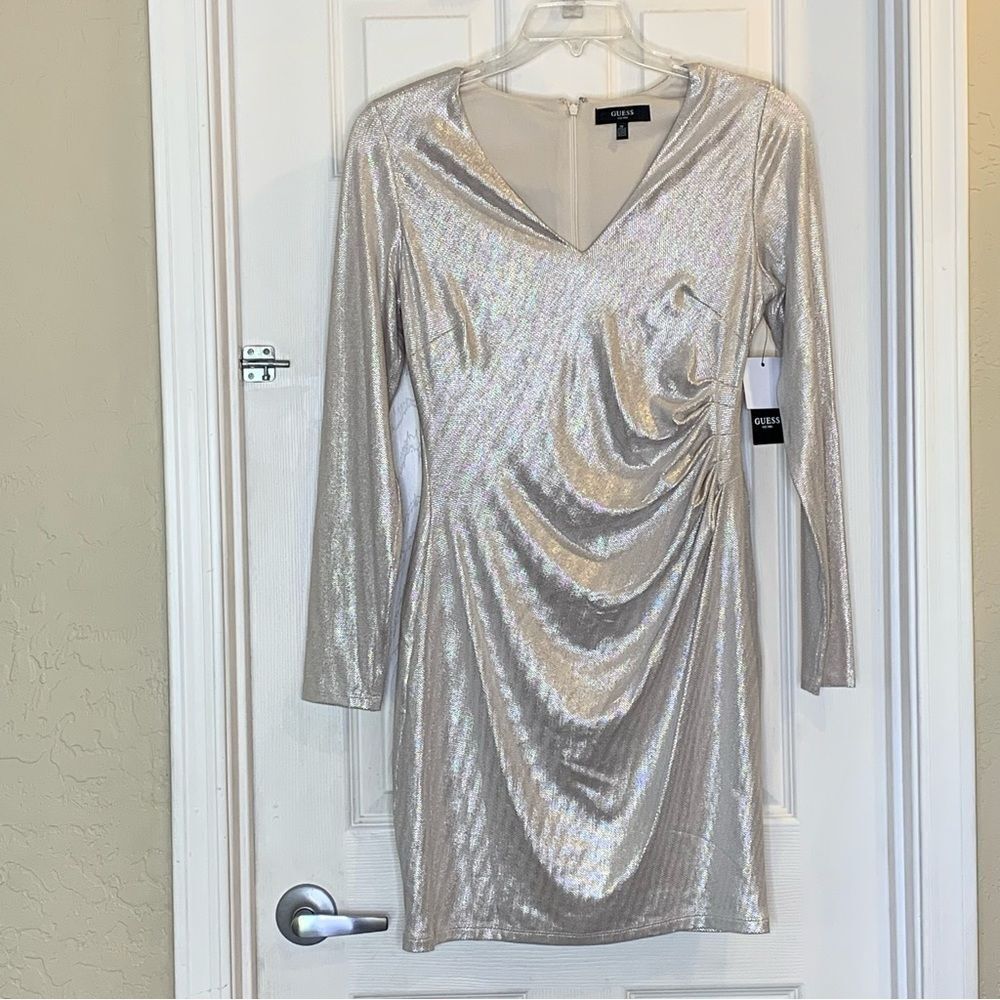 Guess Ruched Bodycon Dress Silver Size 10